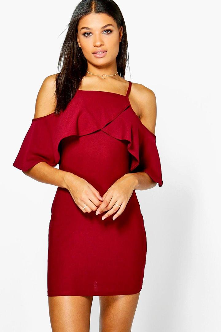 Boohoo Jesca Frill Cold Shoulder Bodycon Dress Berry