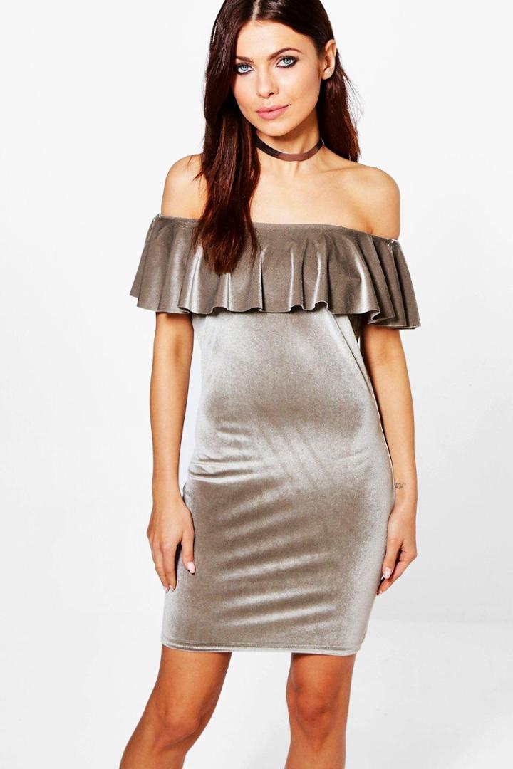 Boohoo Georgia Velvet Off Shoulder Bodycon Dress Grey