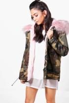 Boohoo Sarah Short Camo Faux Fur Lined Parka Pink