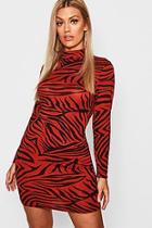 Boohoo Plus Jersey Tiger Print Roll Neck Bodycon Dress