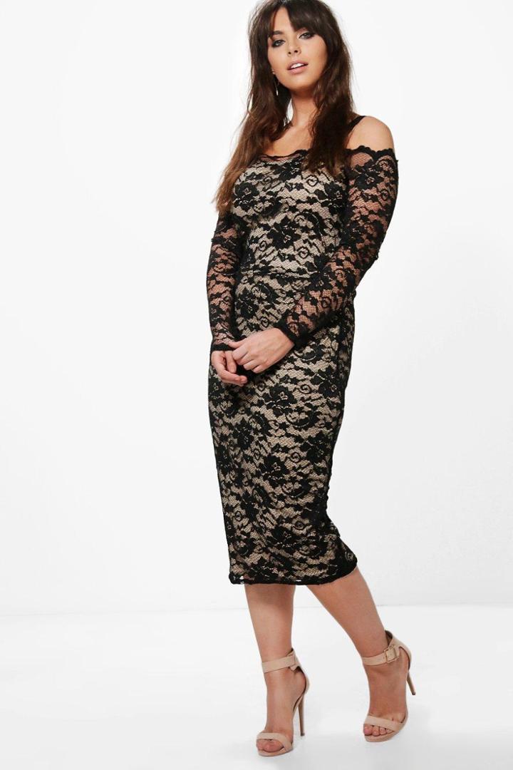 Boohoo Plus Lottie Lace Open Shoulder Midi Dress Black
