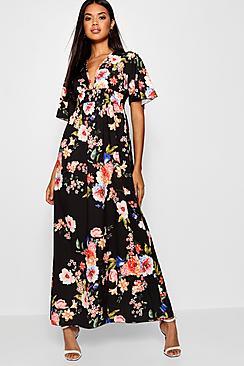 Boohoo Cap Sleeve Shirred Waist Floral Maxi Dress