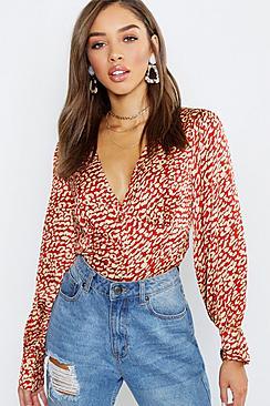 Boohoo Satin Leopard Button Through Blouse