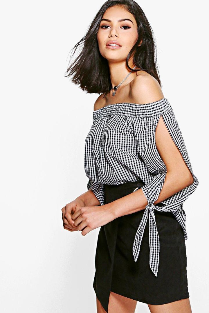 Boohoo Willow Split Sleeve Gingham Bardot Top Black