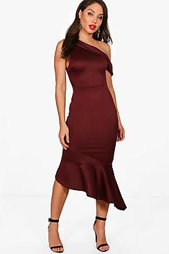Boohoo Mia One Shoulder Asymmetric Frill Midi Dress