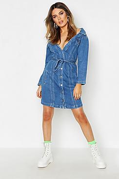 Boohoo Neon Off The Shoulder Denim Dress