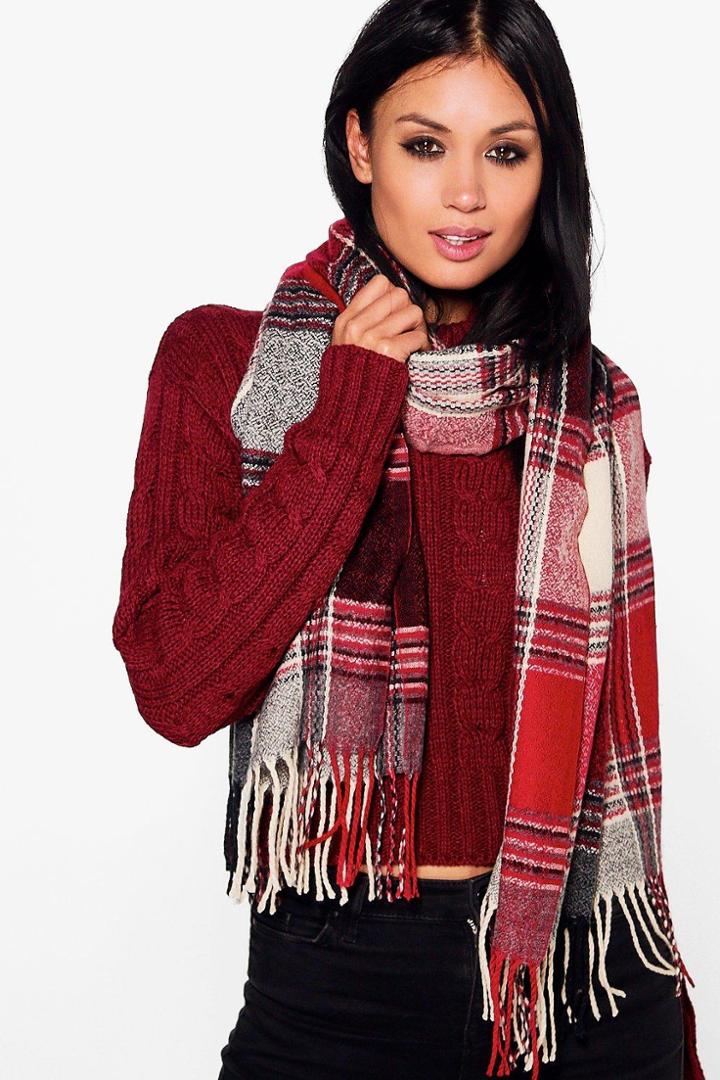 Boohoo Tegan Tartan Check Oversize Scarf Red