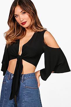 Boohoo Maya Slinky Cold Shoulder Tie Front Crop