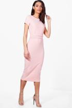 Boohoo Eva Pleat Front Belted Tailored Midi Dress Nude