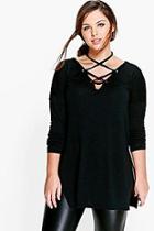 Boohoo Plus Helena Long Sleeve Knitted Lace Up Top