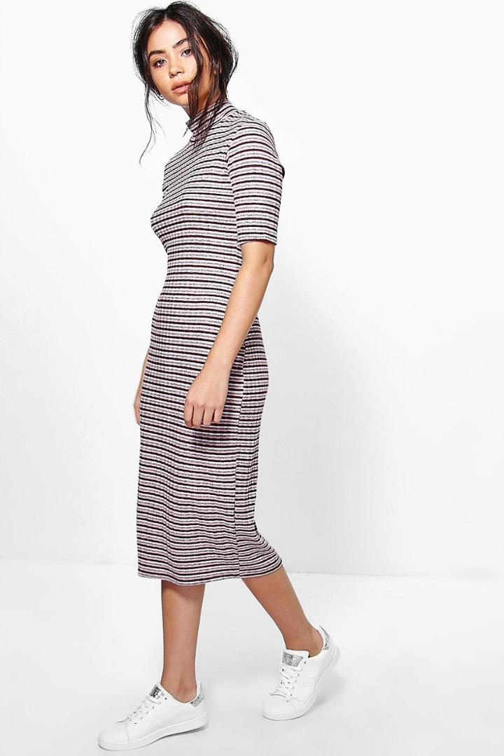 Boohoo Orla Turtle Neck Striped Rib Midi Dress Grey