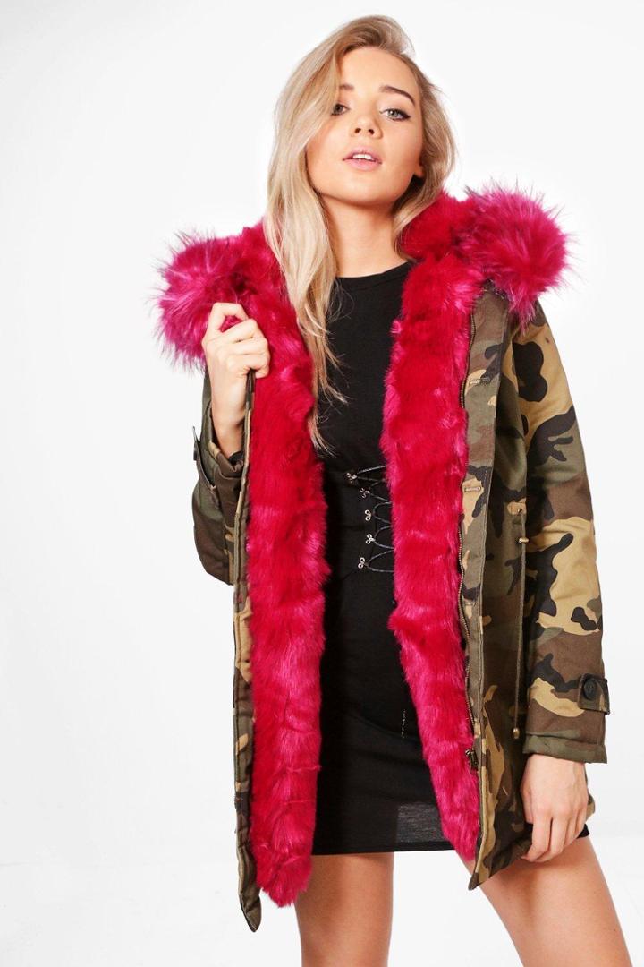 Boohoo Georgina Faux Fur Lined Parka Fuchsia