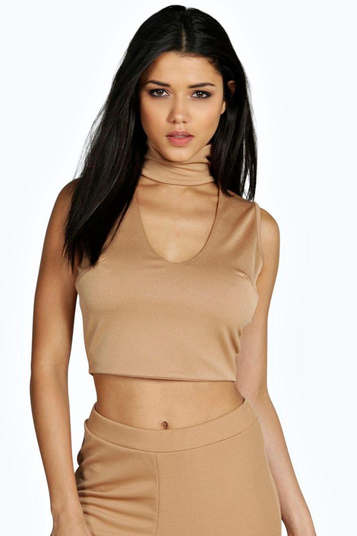 Boohoo Lola Cut Out Choker Neck Crop Top Camel