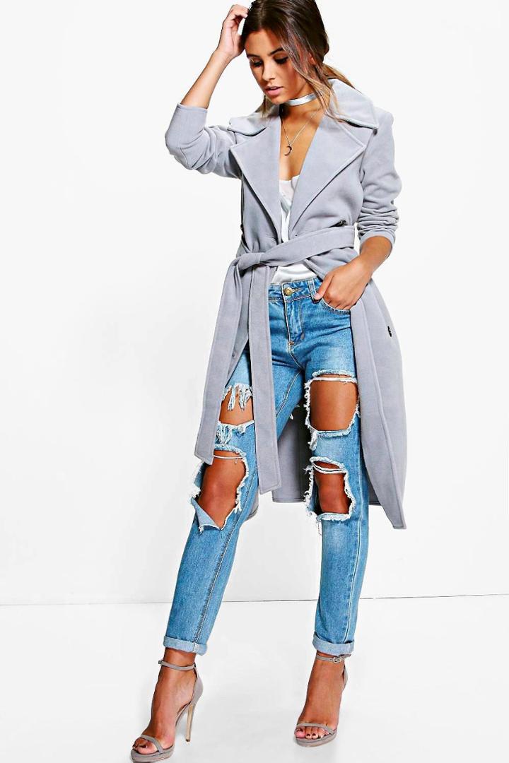 Boohoo Petite Nicole Belted Wool Look Robe Duster Coat Grey