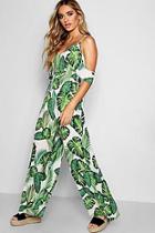 Boohoo Palm Print Open Shoulder Cullote Jumpsuit