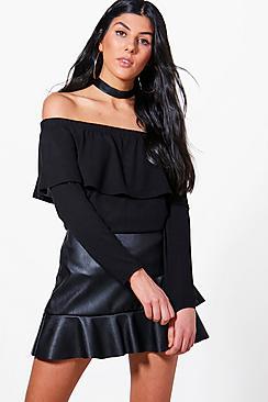 Boohoo Bethany Bardot Soft Knit Ruffle Top