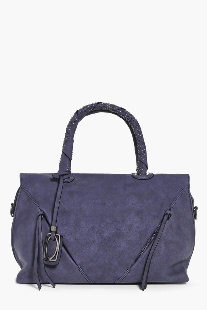 Boohoo Faith Stud Handle Zip Front Bowler Bag Navy