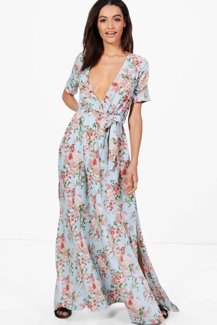Boohoo Evie Floral Wrap Front Maxi Dress Bluebell