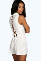 Boohoo Riley Roll Neck Lace Up Back Playsuit Ivory