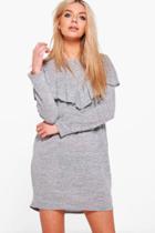 Boohoo Veronica Ruffle Yoke Fine Knit Dress Grey