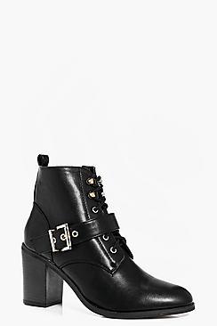 Boohoo Phoebe Buckle Trim Lace Up Block Heel Boot