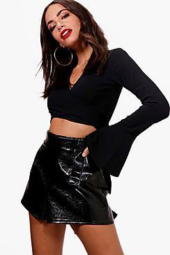 Boohoo Tie Front Ruffle Sleeve Top