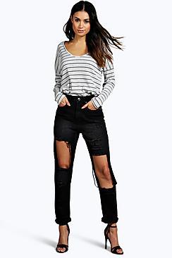 Boohoo Val High Waisted Dirty Wash Distressed Mom Jeans