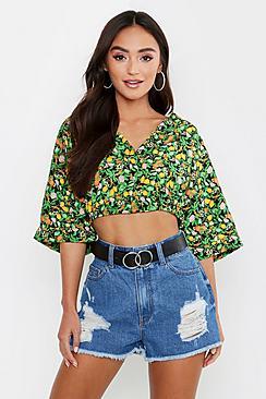 Boohoo Petite Floral Print Kimono Sleeve Wrap Top