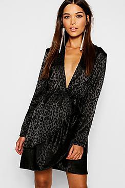 Boohoo Satin Animal Print Ruffle Skater Dress