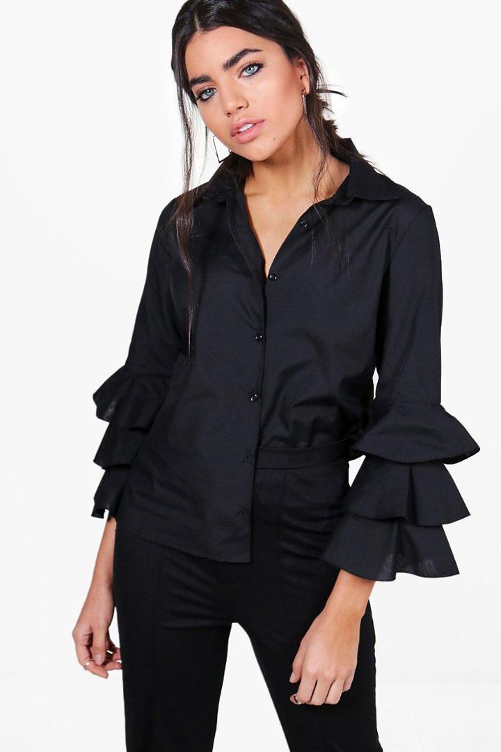 Boohoo Stacey Ruffle Sleeve Shirt Black