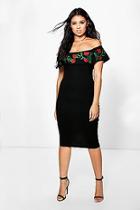 Boohoo Laura Rose Embroidery Off Shoulder Midi Dress
