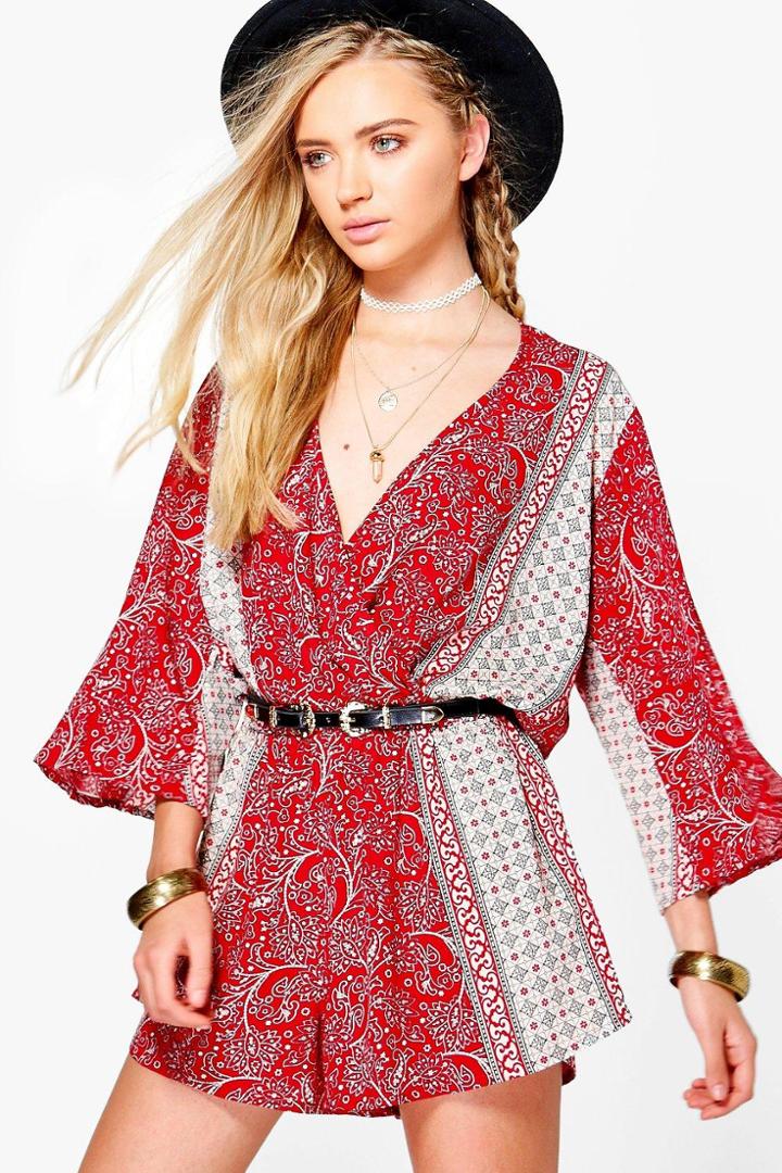 Boohoo Oana Wide Sleeve Printed Playsuit Multi