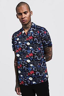 Boohoo Dragon Print Short Sleeve Revere Viscose Shirt