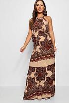 Boohoo Petite Fifi Lace Up Back Tiered Printed Maxi Dress