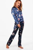 Boohoo Stella Floral Print Satin Contrast Piping Trouser Set
