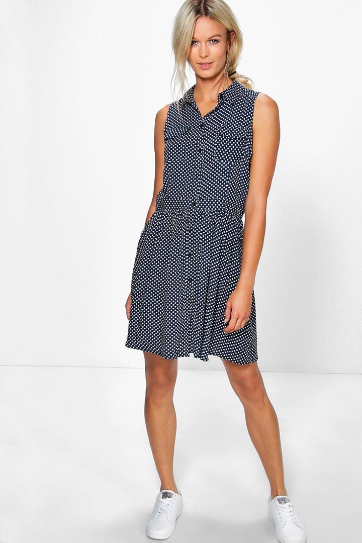Boohoo Isabelle Sleeveless Shirt Dress Navy