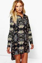 Boohoo Saffron Oriental Print Dip Hem Shirt Dress