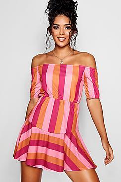 Boohoo Casey Stripe Ruffle Off The Shoulder Skater Dress