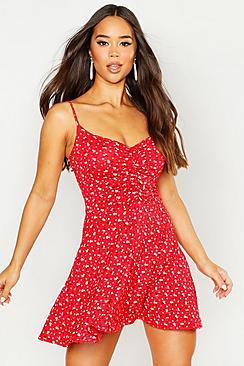 Boohoo Floral Ruched Front Strappy Skater Dress