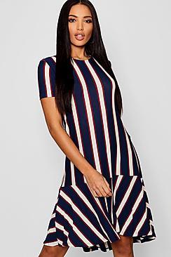 Boohoo Wide Stripe Drop Hem Rib Shift Dress