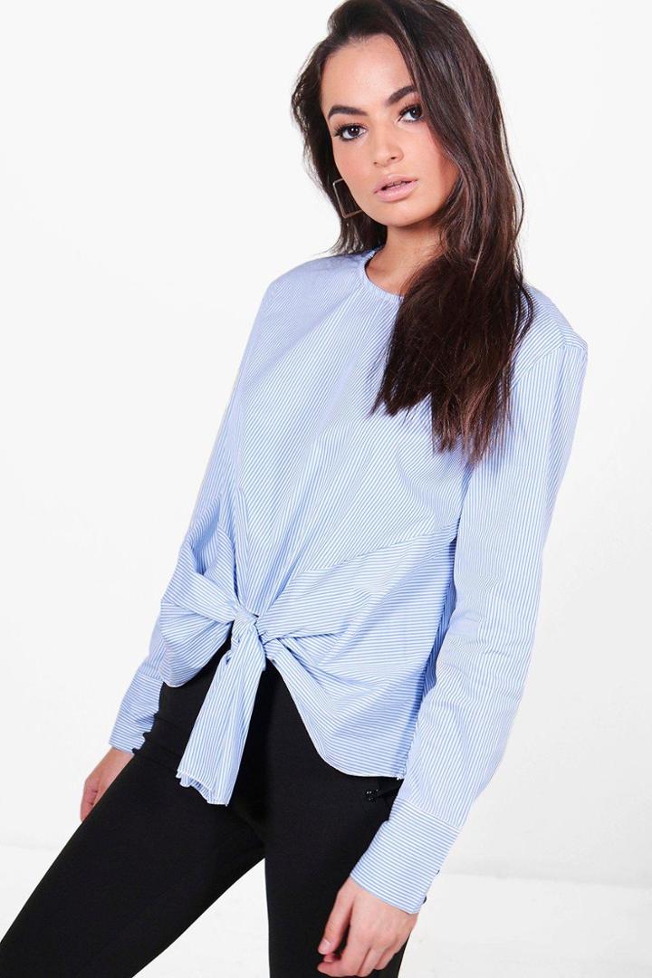 Boohoo Charlotte Stripe Knot Front Long Sleeve Shirt Blue