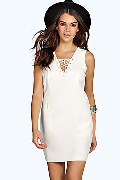 Boohoo Natasha Lace Up Sleeveless Woven Shift Dress