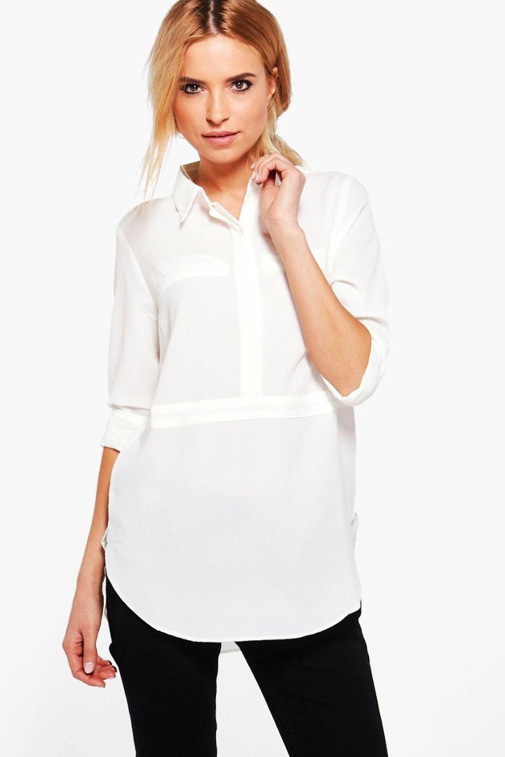 Boohoo Emily Half Placket Solid Shirt Cream
