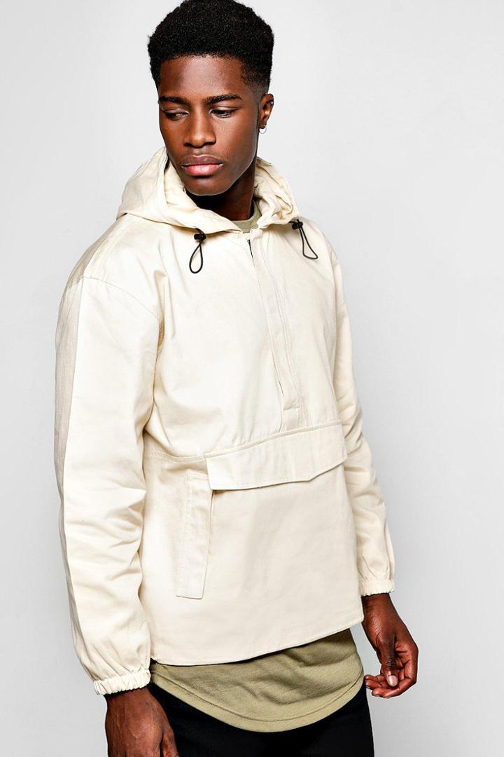 Boohoo Front Pocket Over The Head Jacket With Back Print Stone