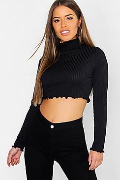 Boohoo Petite Ribbed Lettuce Hem Roll Neck Crop