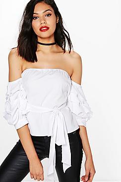 Boohoo Tie Waist Ruched Sleeve Bardot Top