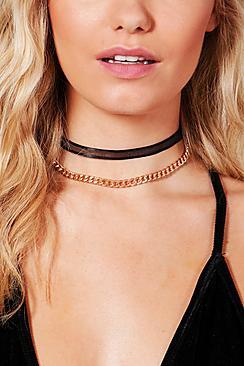 Boohoo Maisie Curb Chain & Chiffon Choker Set