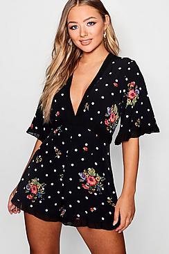 Boohoo Tea Style Floral Polka Dot Playsuit