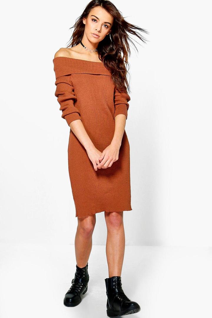 Boohoo Elizabeth Rib Knit Bardot Jumper Dress Chestnut