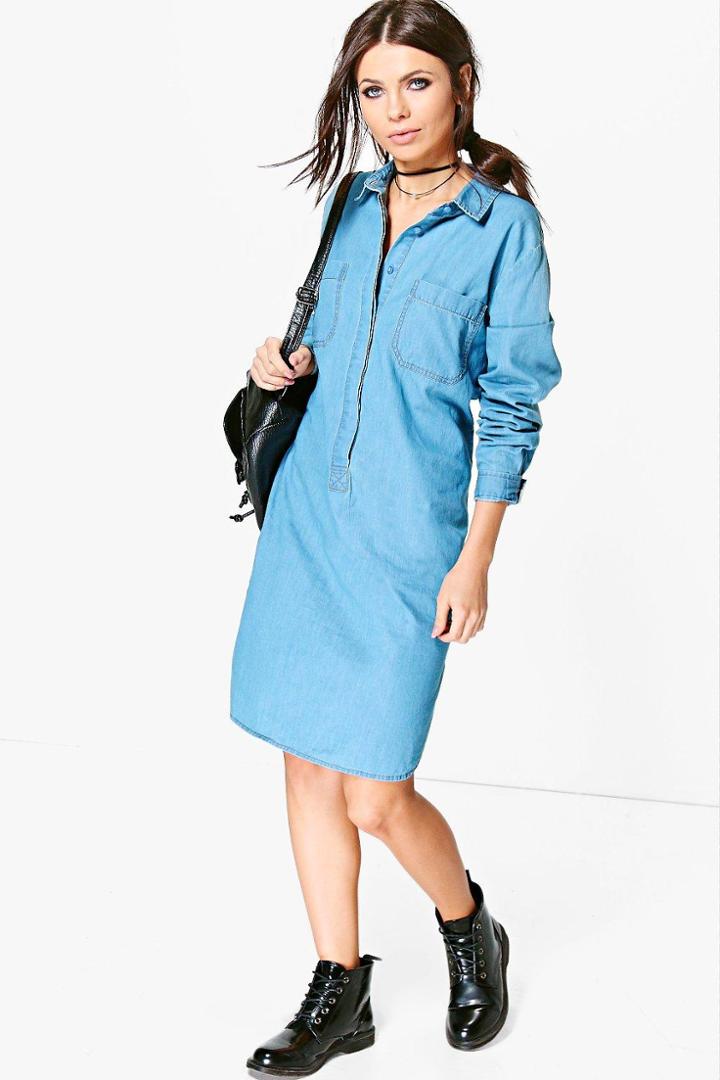 Boohoo Linda Oversized Denim Shirt Dress Blue